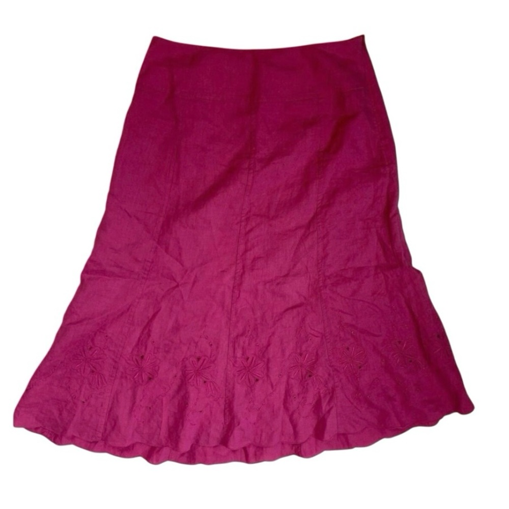 Vintage 90s 100% Linen Pink Midi Skirt Beach Coastal Floral Coquette Minimal